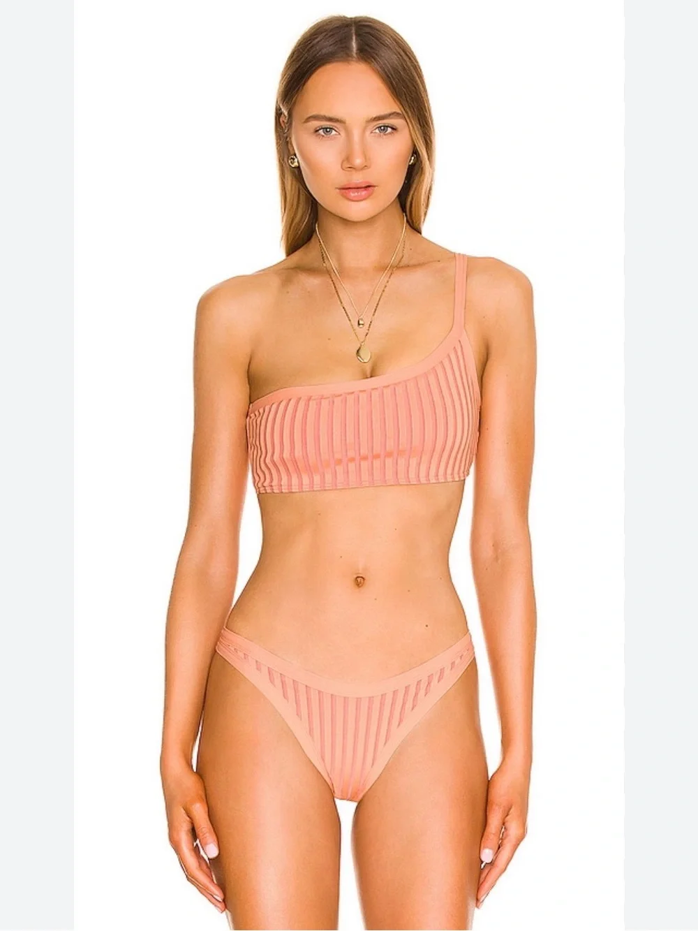 L*Space Axel Bikini Set Coral One-Shoulder Pink Stripe L Top M Bottom